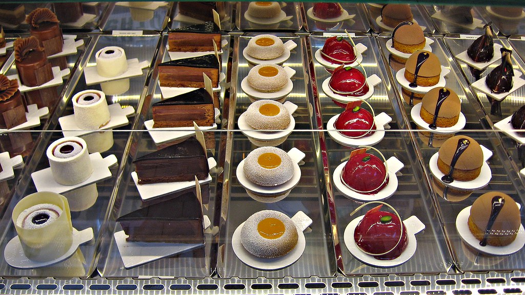 Desserts in a glass display case