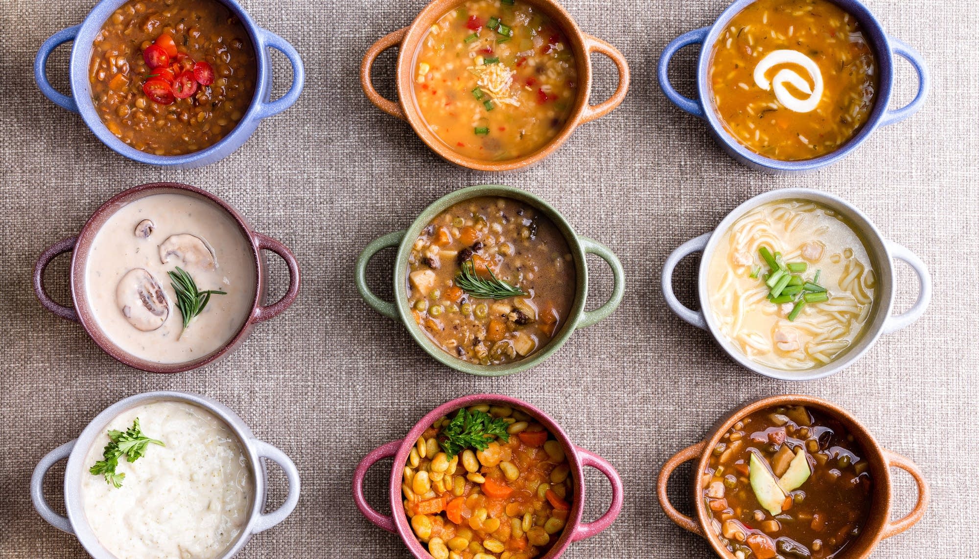 Bowls of various soups