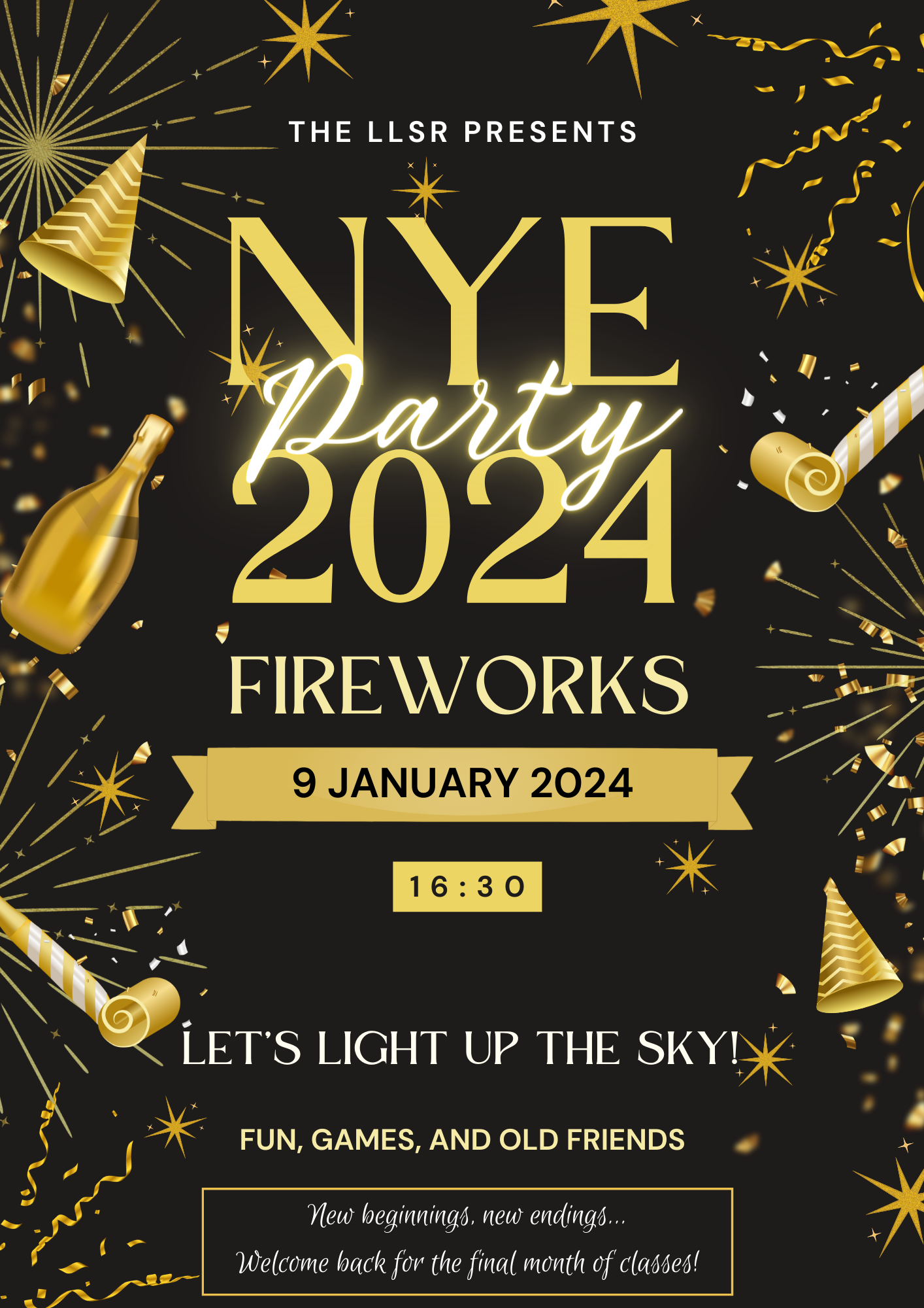New Year's Eve party flyer, January 9th 2024, 16:30